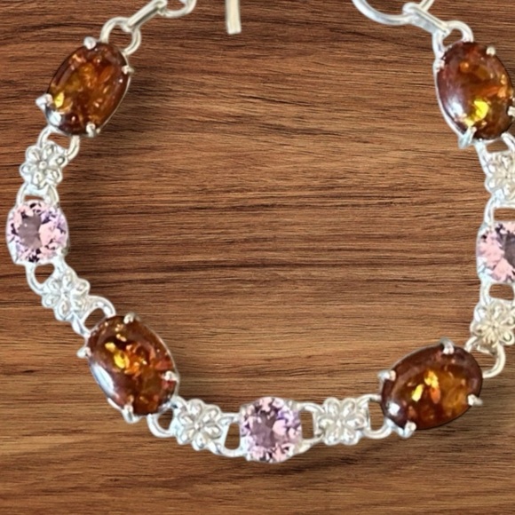 NWT Handmade Amber Pink Topaz Simulated Stone Silver Overlay Bracelet - Picture 3 of 4